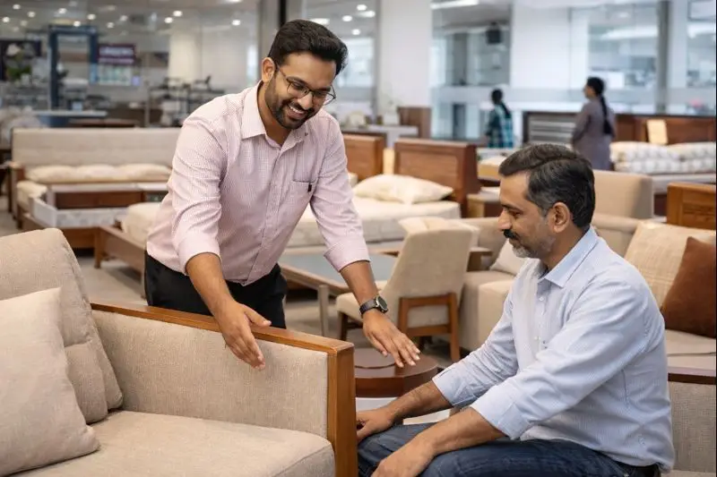 Furniture shop in Angamaly – Ukkens Furniture showroom staff assisting customers