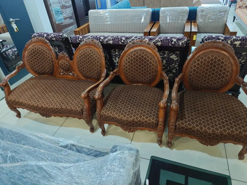 Solid wood carved sofa chair set with cushioned seats